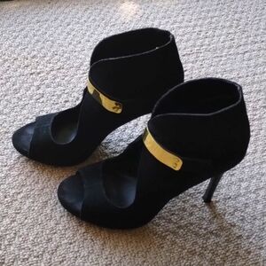 Fergie black suede open toe booties, size 6.5.